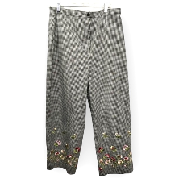 LARRY LEVINE Size 14 Black White Gingham Floral Embroidery Cropped Pants Cotton - Picture 1 of 5